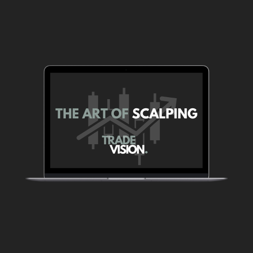 Laptop scherm met de tekst "THE ART OF SCALPING" en grafieken.