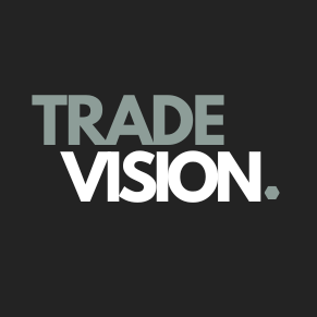 Logo van TradeVision met de tekst in twee kleuren op een zwarte achtergrond.