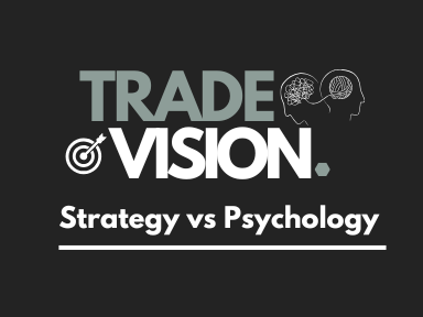 Logo met de tekst "Trade Vision: Strategy vs Psychology" op een donkere achtergrond.