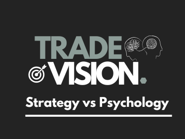 Logo van Trade Vision met de tekst "Strategy vs Psychology" en illustraties van hersenen.